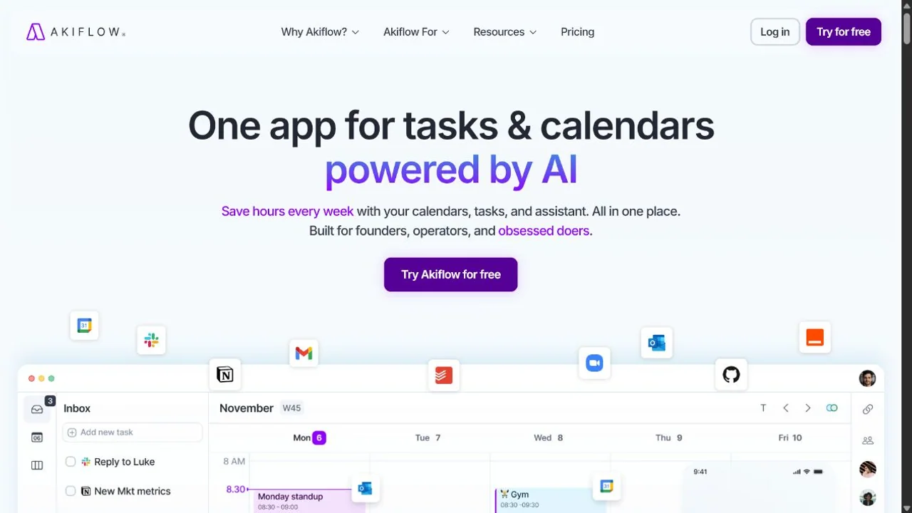 Akiflow's official planner page places a universal task inbox beside a weekly time-blocked calendar and connected work tools.