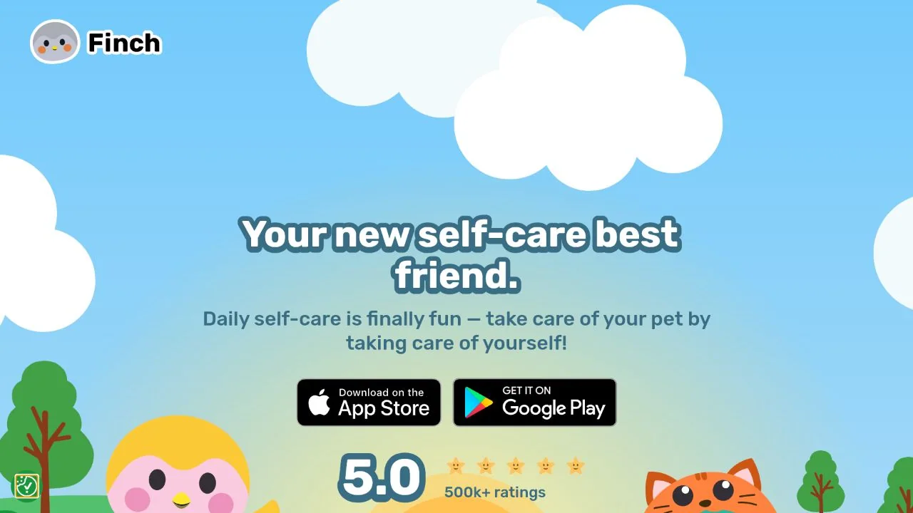 Finch's official page makes the companion relationship the center of its daily self-care loop.