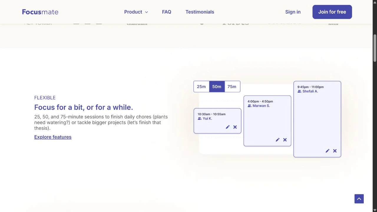Focusmate's official product page shows 25, 50, and 75-minute coworking sessions placed on a booking schedule.