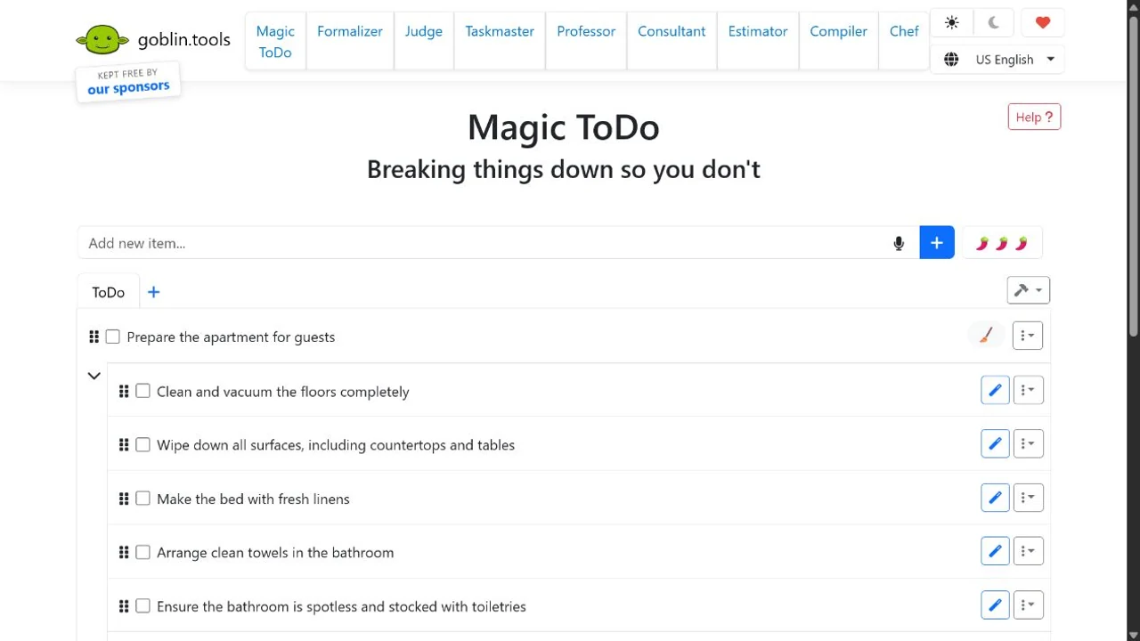 Goblin Tools Magic ToDo breaks the example task "Prepare the apartment for guests" into concrete cleaning and preparation steps.