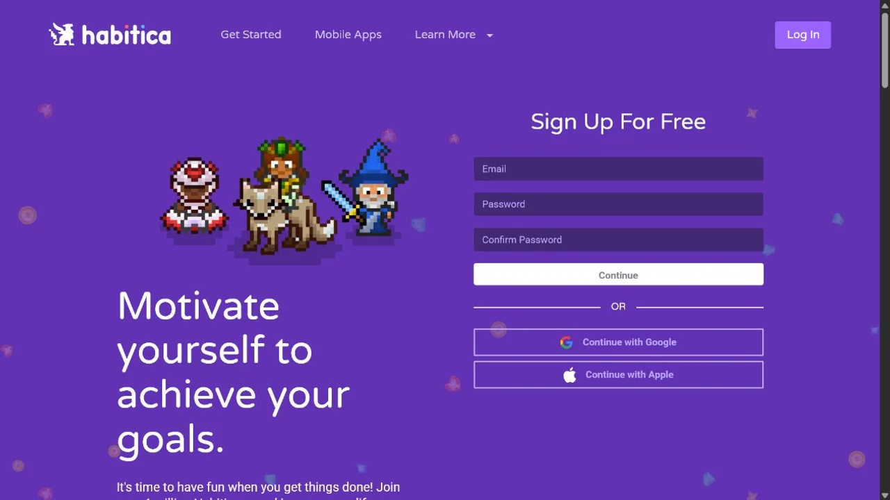 Habitica's official page presents a full pixel-art RPG beside its free task and habit system.
