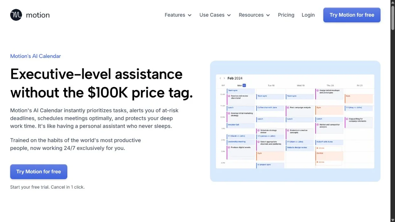 Motion's official AI Calendar page shows tasks, meetings, deadlines, lunch, and gym blocks placed across a working week.