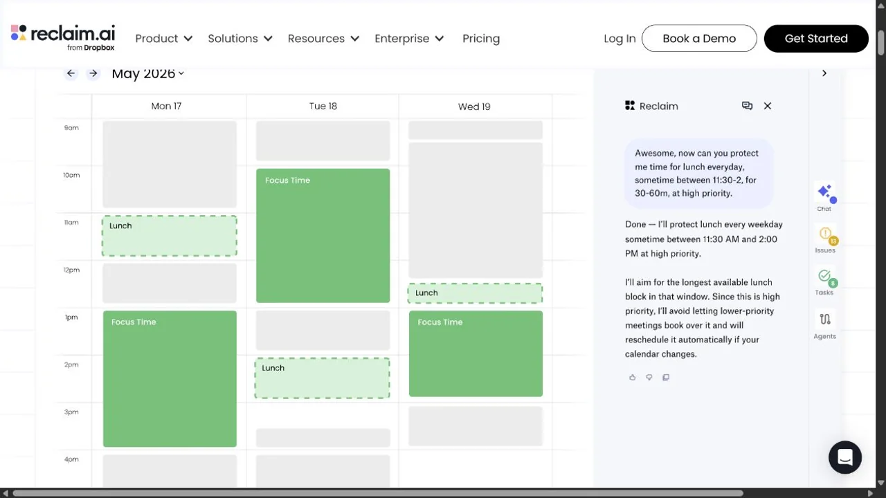 Reclaim's official planner shows protected Focus Time and flexible lunch blocks beside its scheduling assistant.