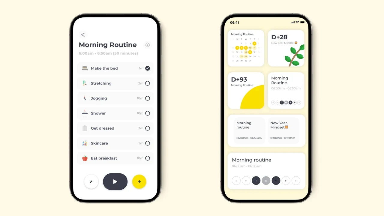 Routinery's official product images show a timed morning routine checklist beside routine history and schedule views.