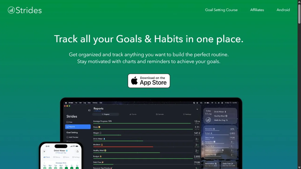 Strides presents goals, habits, progress charts, and status views in one dedicated tracking interface.