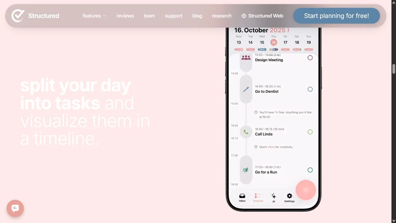 Structured's official product page shows a visual timeline with meetings, errands, free time, and exercise arranged down the day.