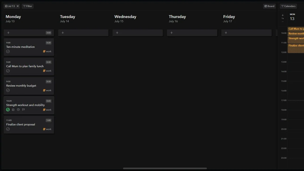 A real Sunsama workspace shows a deliberate Monday plan beside the calendar blocks created from it.