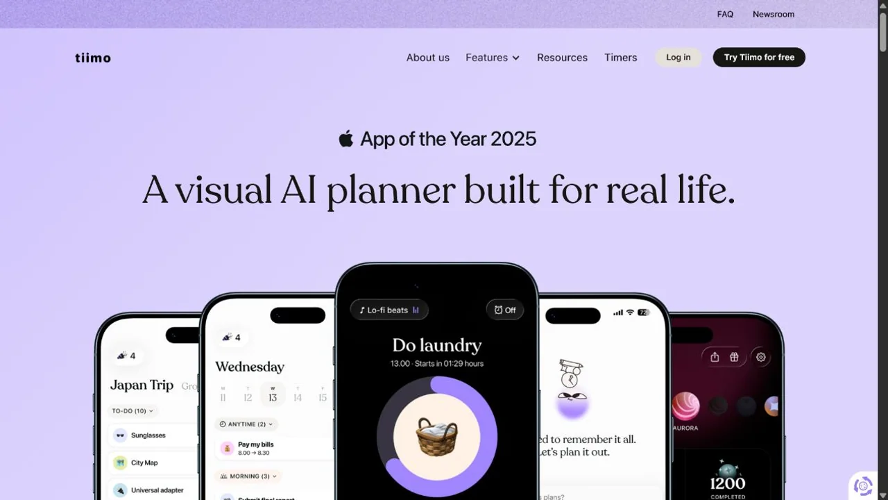 Tiimo's official product page shows its visual day, focus timer, planning assistant, and progress views across several phones.