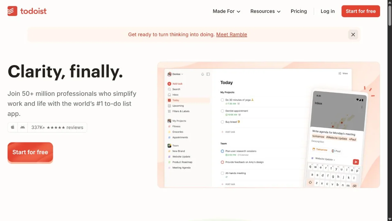 Todoist's official page shows tasks organized into a clean project and day view.