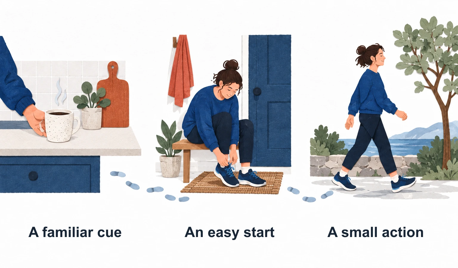 Three paper-cut scenes show a breakfast cup as the cue, putting on waiting shoes as the easy start, and a short outdoor walk as the action.