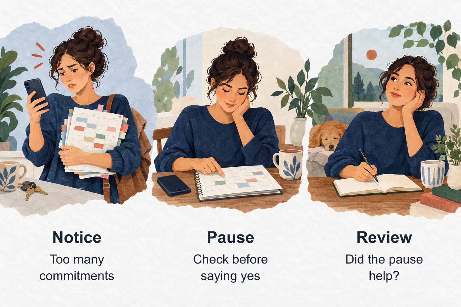 An example moves from saying yes too quickly, to checking the calendar before answering, to reviewing whether that pause helped.