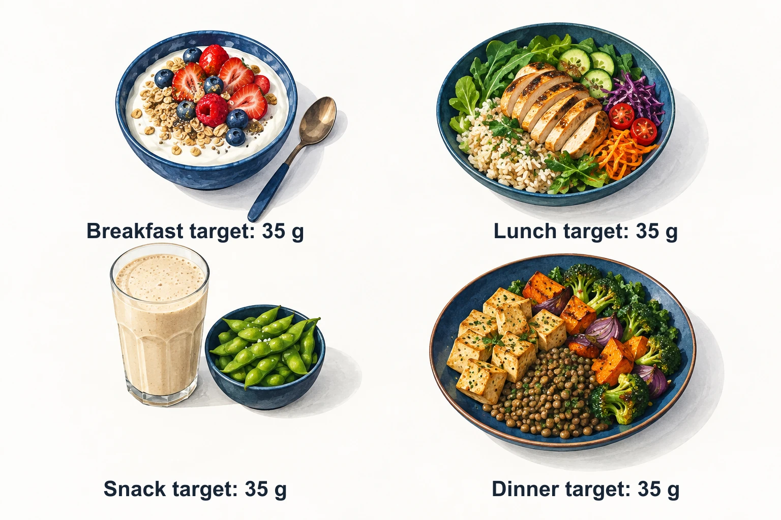 Four meal ideas share a 140-gram daily protein target: breakfast, lunch, a snack, and dinner each aim for 35 grams. Portions must be adjusted using food labels.