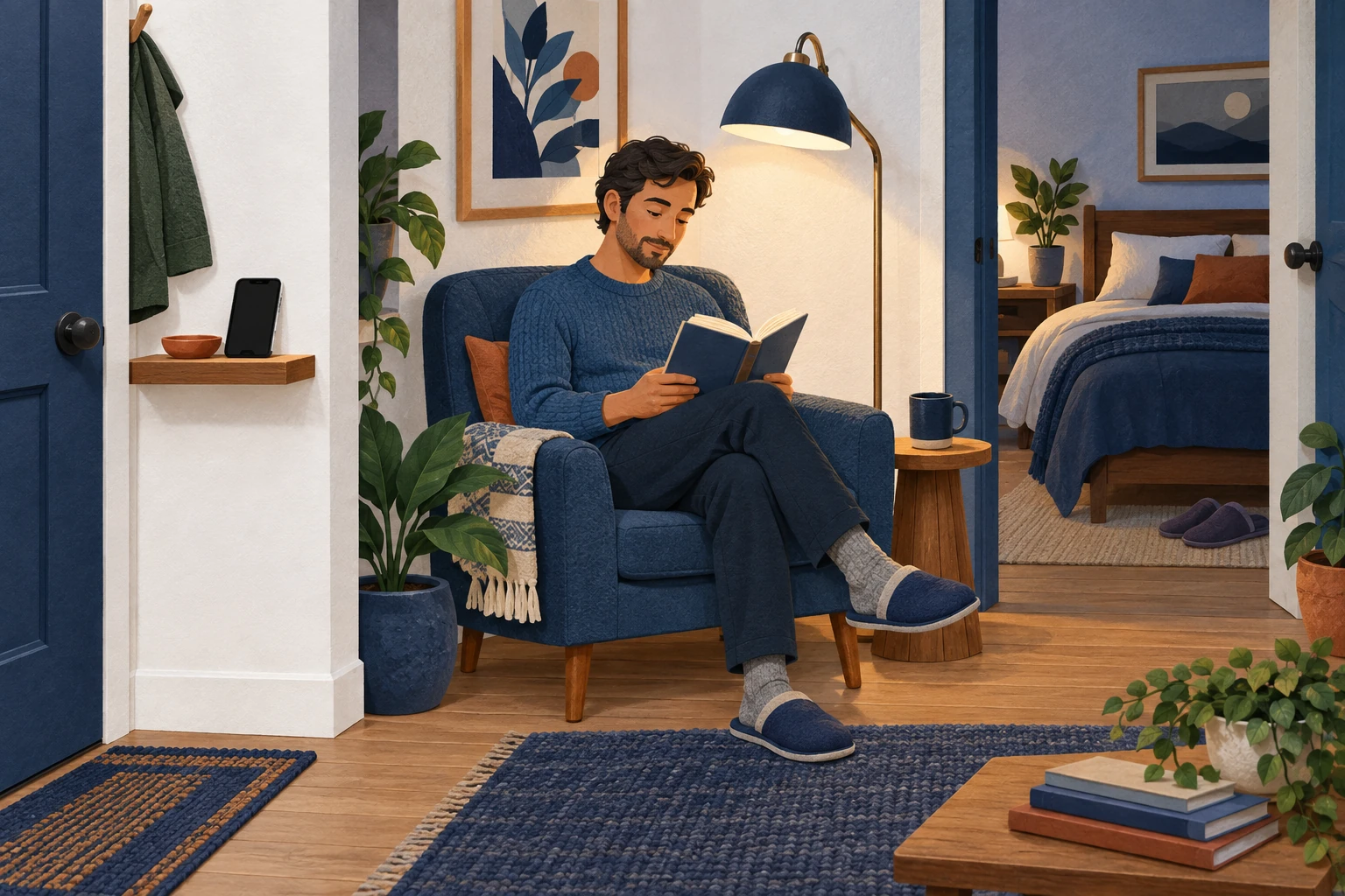 A quiet evening scene shows a phone put away from the chair, a person reading, and a bedroom ready for sleep.