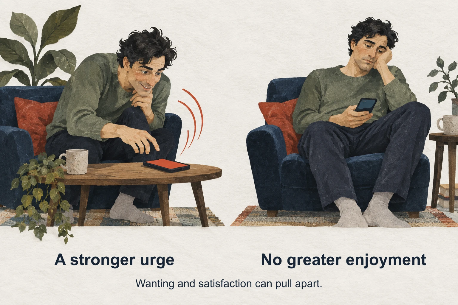 The same person eagerly reaches for a phone, then feels unsatisfied after using it: a stronger urge can arrive without greater enjoyment.