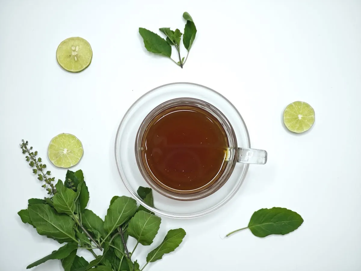 Tulsi tea, the foundational Ayurvedic herb for "calm but alert" states.