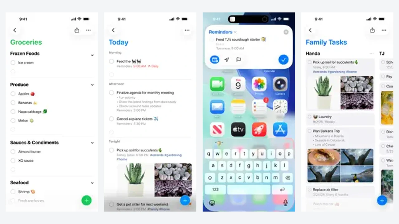 Apple Reminders' official App Store gallery shows list sharing, grocery sorting, templates, and scheduled reminders on iPhone.
