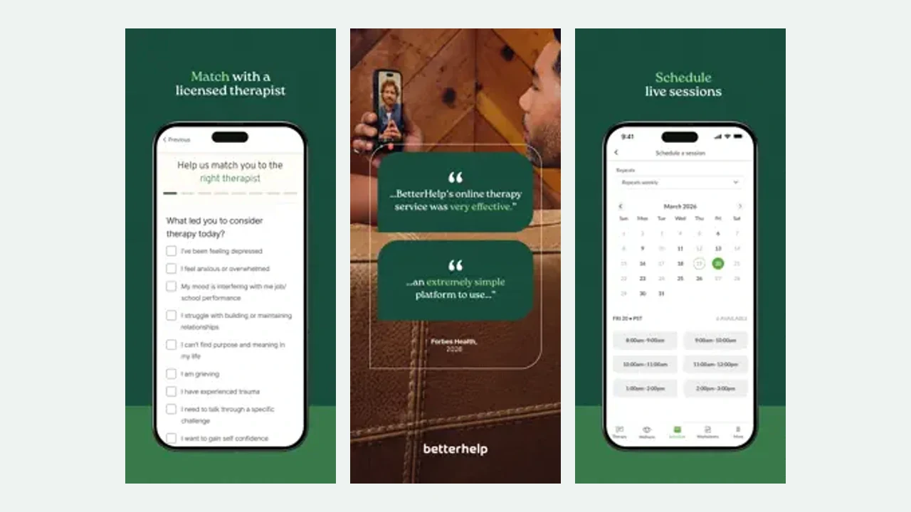 BetterHelp's official iPhone previews show therapist matching, an online therapy experience, and scheduling live sessions.