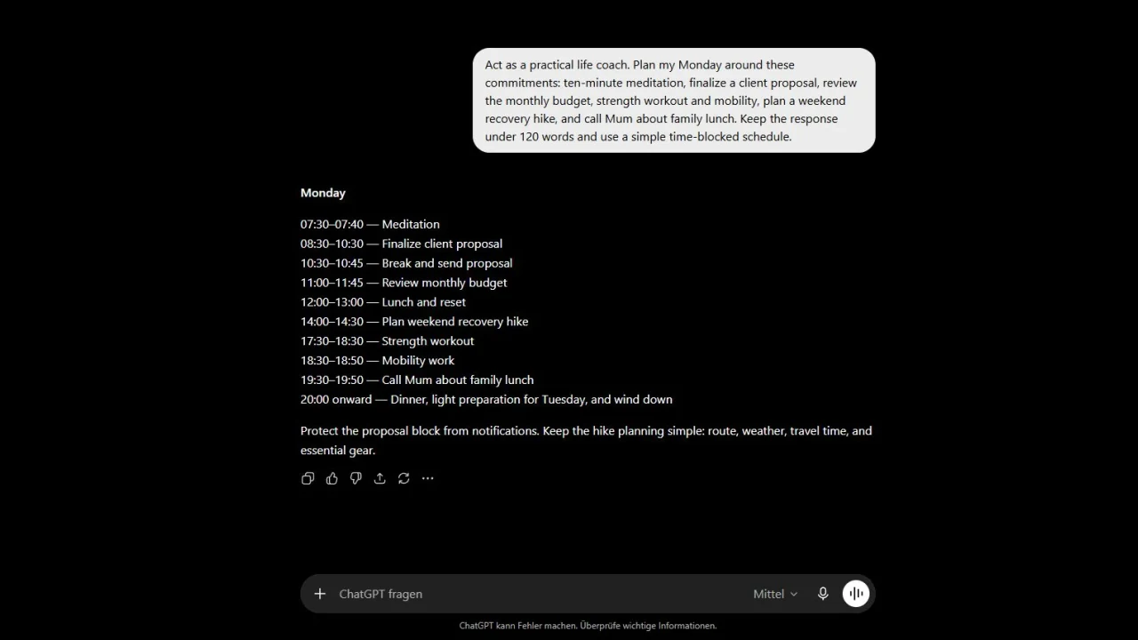 A real ChatGPT coaching conversation turns a detailed life-coach prompt into a concrete, time-blocked weekly plan.
