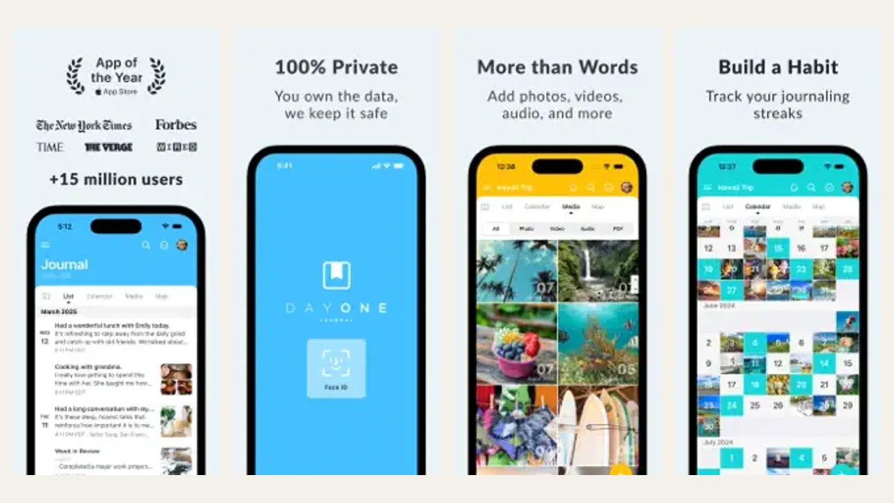 Day One's official App Store gallery shows its journal timeline, privacy positioning, and support for photos, video, and audio entries.