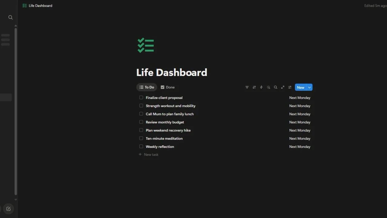 A real Notion life dashboard showing goals, tasks, habits, and planning databases