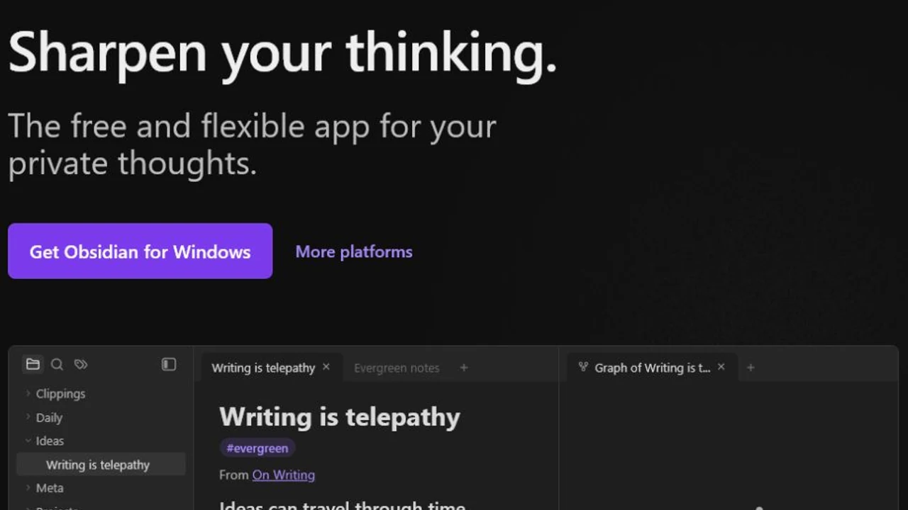 Obsidian's official product preview shows its private Markdown notes interface and local knowledge graph view.