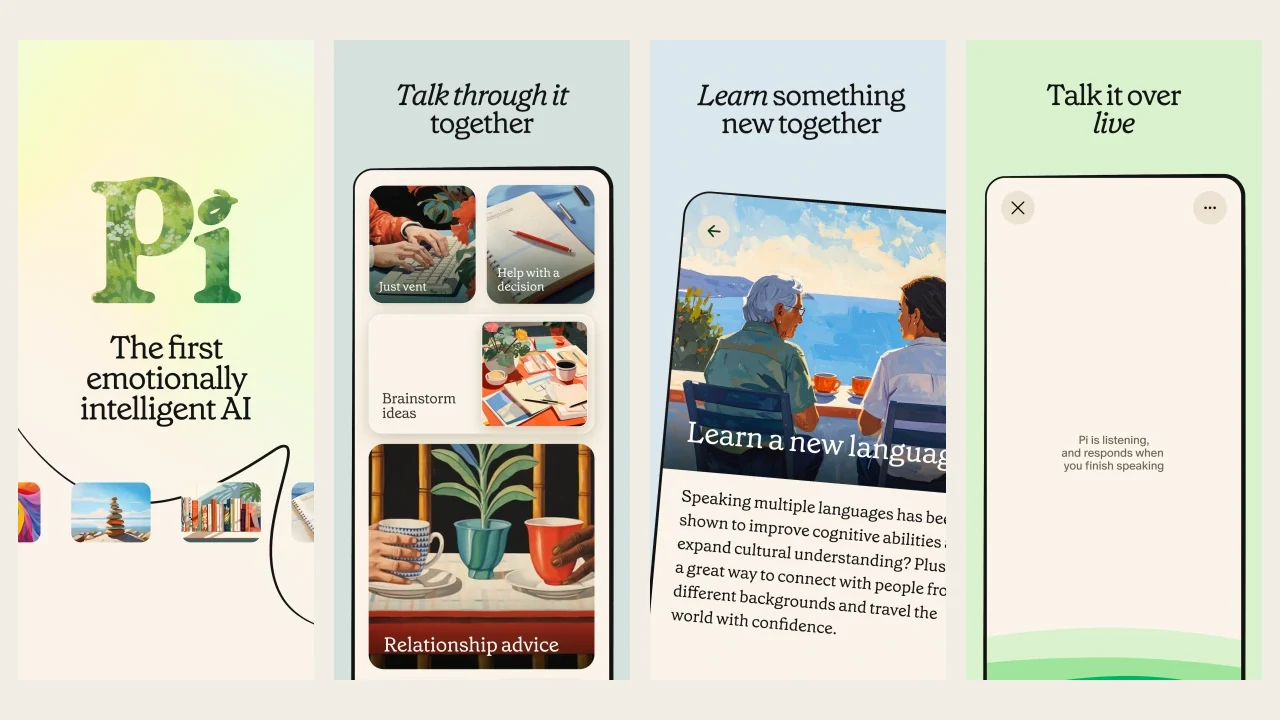 Pi's official App Store gallery shows its emotionally intelligent AI, brainstorming cards, learning conversations, and live voice mode.