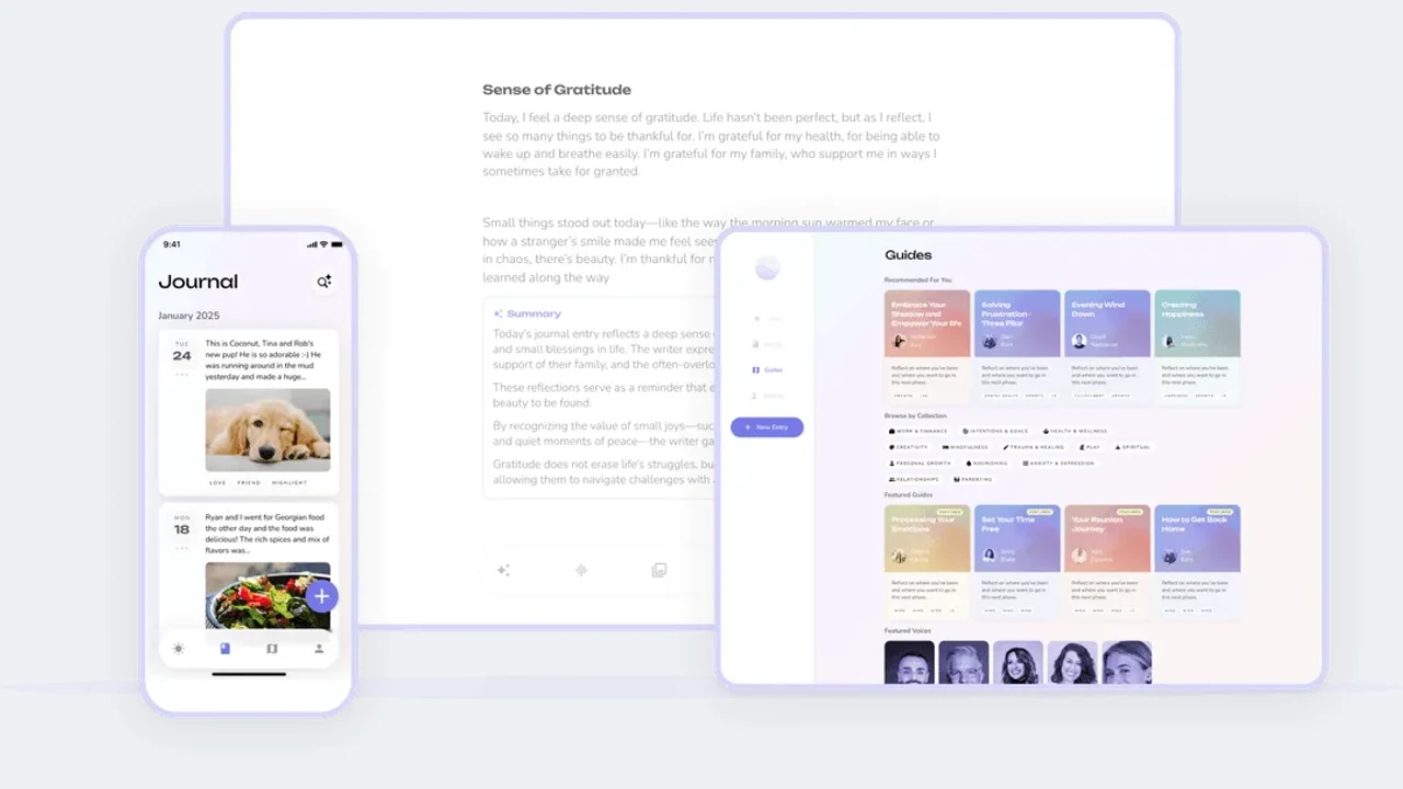 Reflection's official product preview shows its mobile journal, guided writing experience, and library of expert-led journal guides.