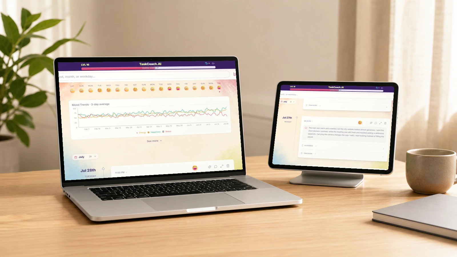 TaskCoach's journal view connects dated entries with mood trends for energy, happiness, and stress over time.