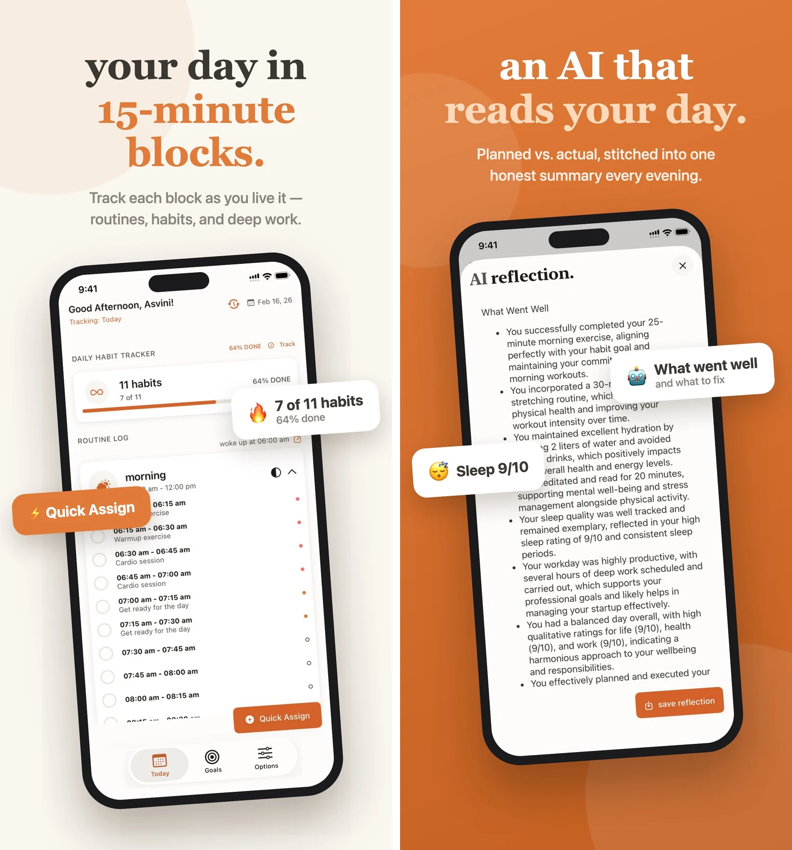Beyond Time's official product previews show time tracking beside an AI daily reflection, connecting the recorded day with its review.