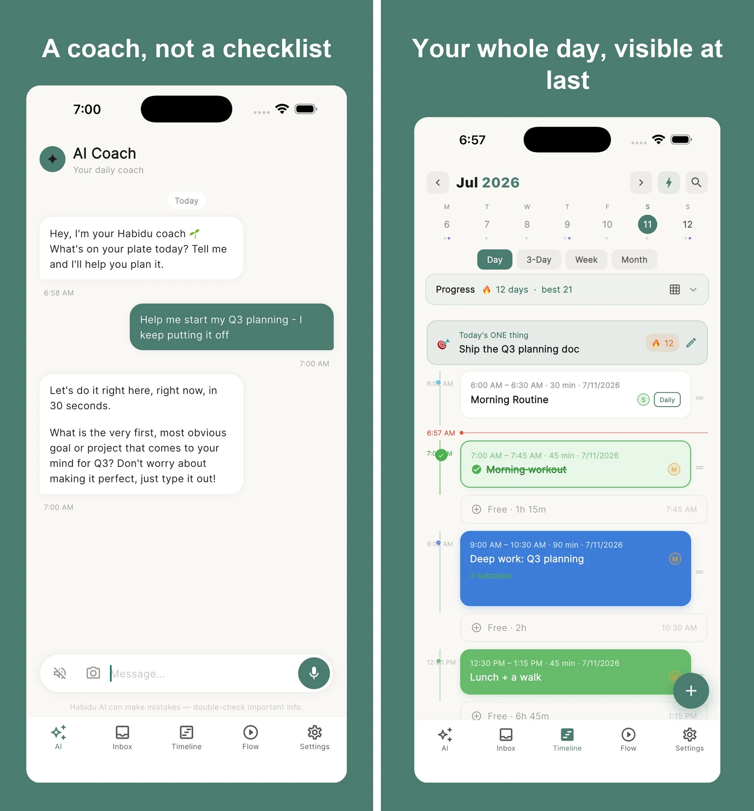 Habidu's official product previews show its coaching and daily planning features, keeping the next action visible alongside available time.