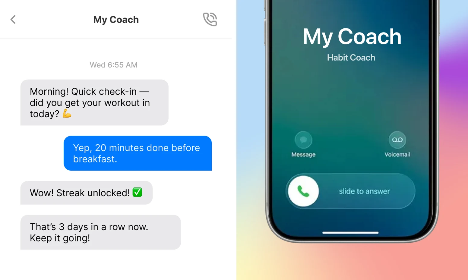 Habit Coach AI's official product illustrations show a text check-in beside a coach phone call, demonstrating its two outbound accountability channels.