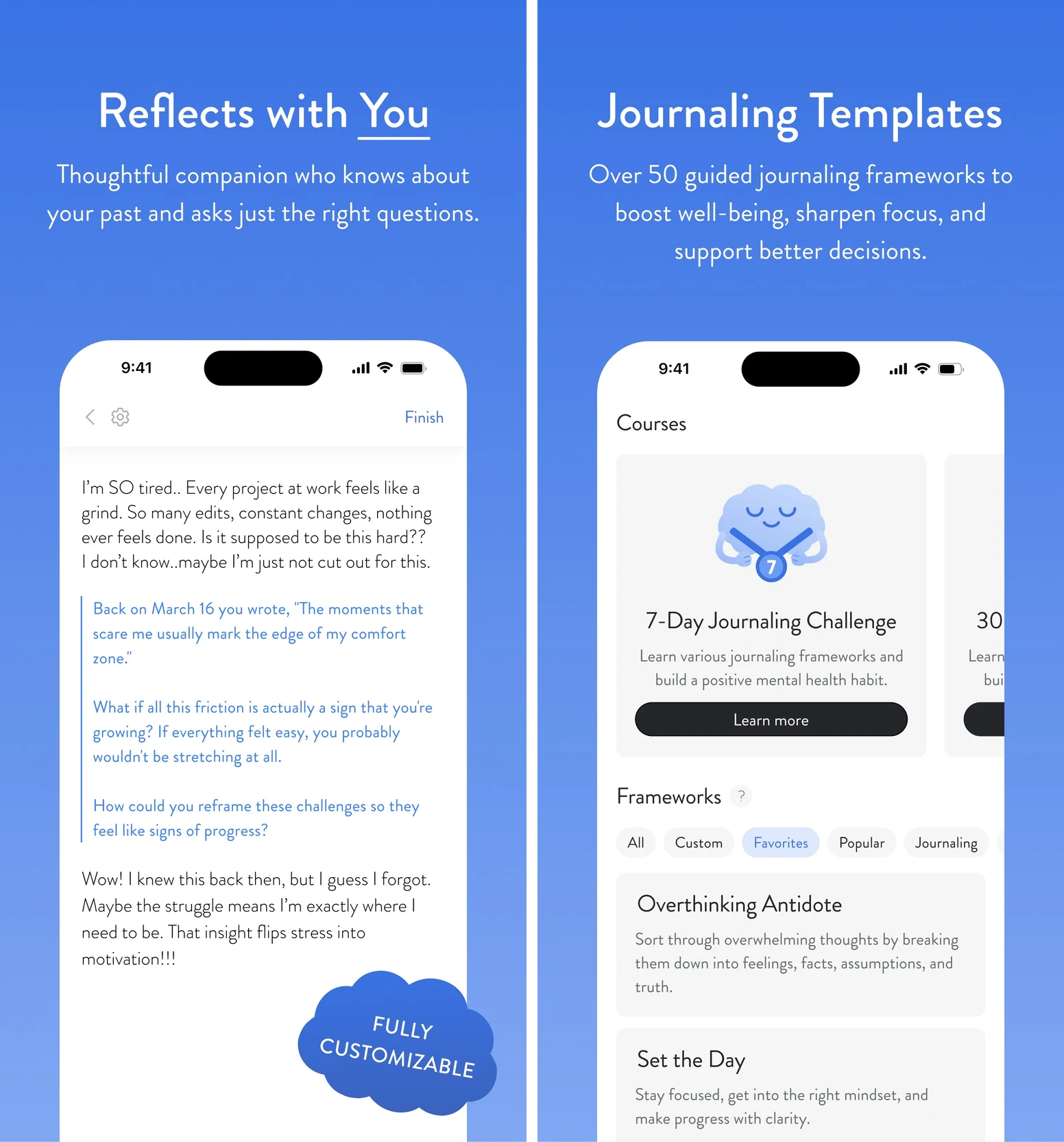 Mindsera's official previews show its reflective AI companion beside guided journaling templates for examining a problem.