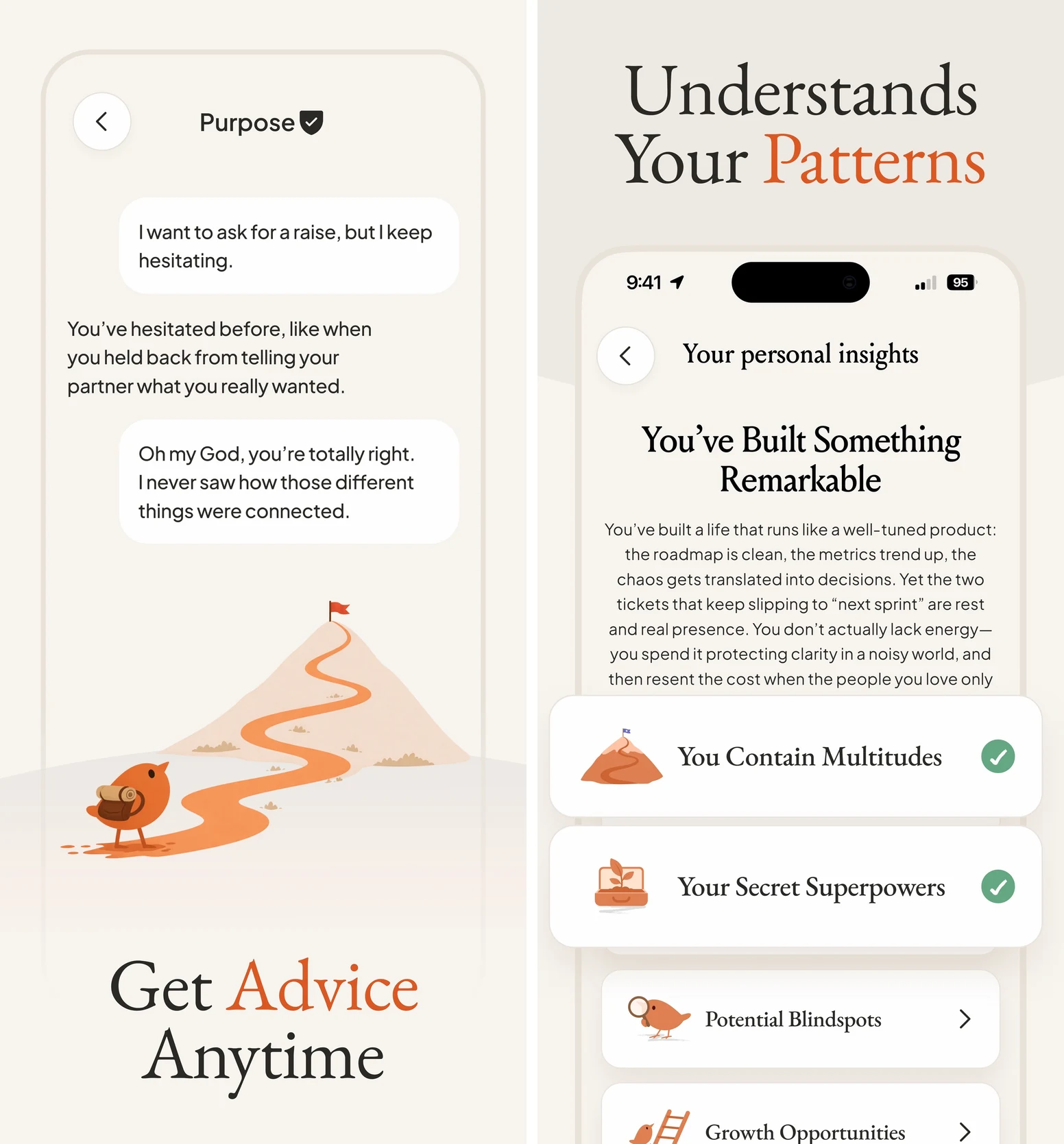Purpose's official previews illustrate a mentor conversation and the personal context used to understand recurring patterns.