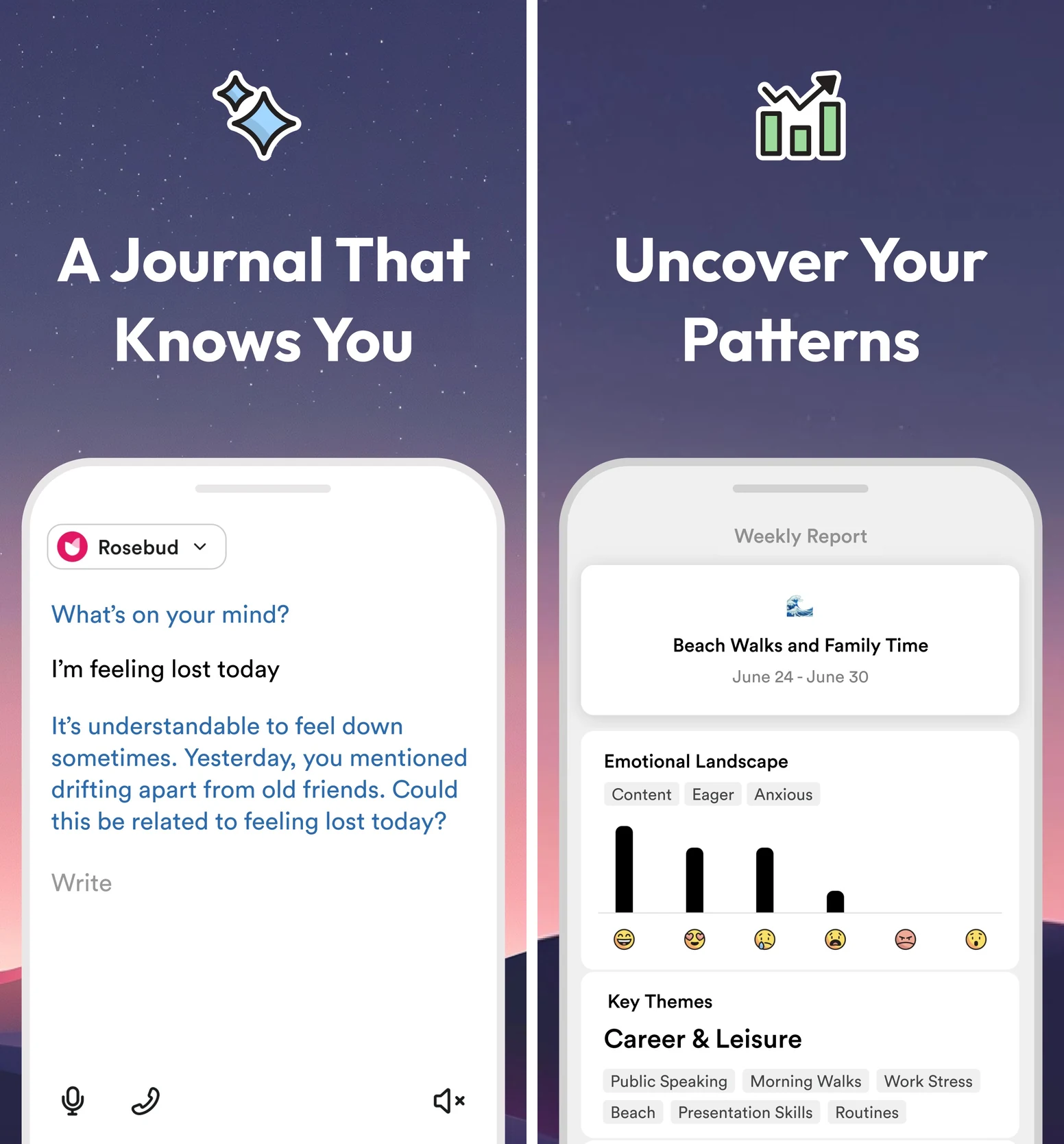 Rosebud's official previews show guided journal reflection and a weekly report that brings recurring themes into view.