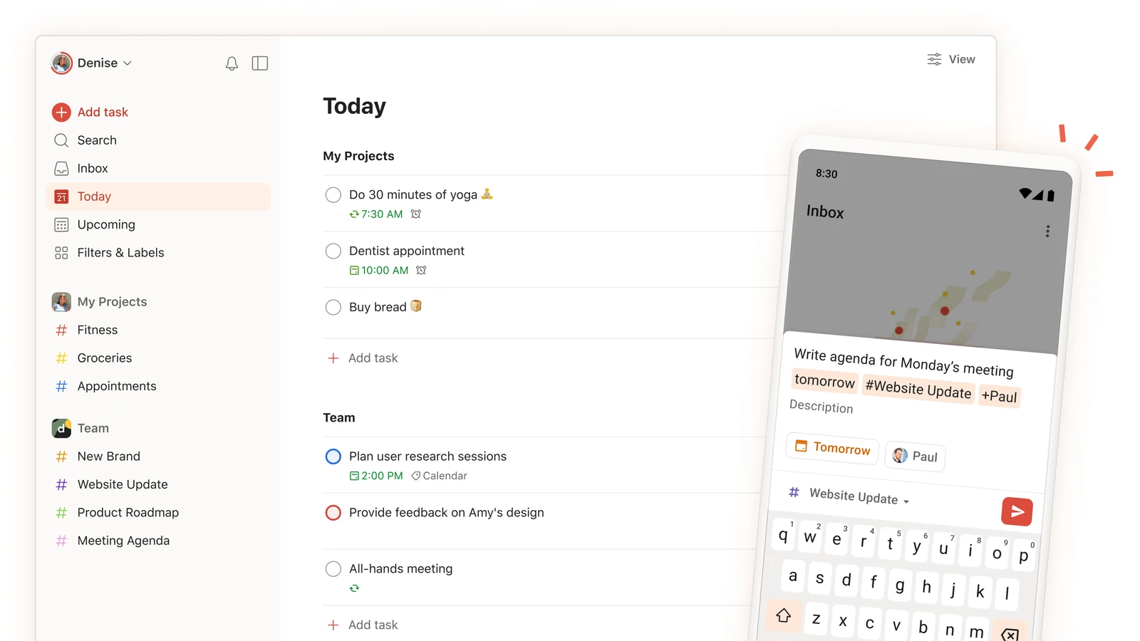 Todoist's official preview pairs its Today list with mobile task entry that recognizes scheduling and project details.