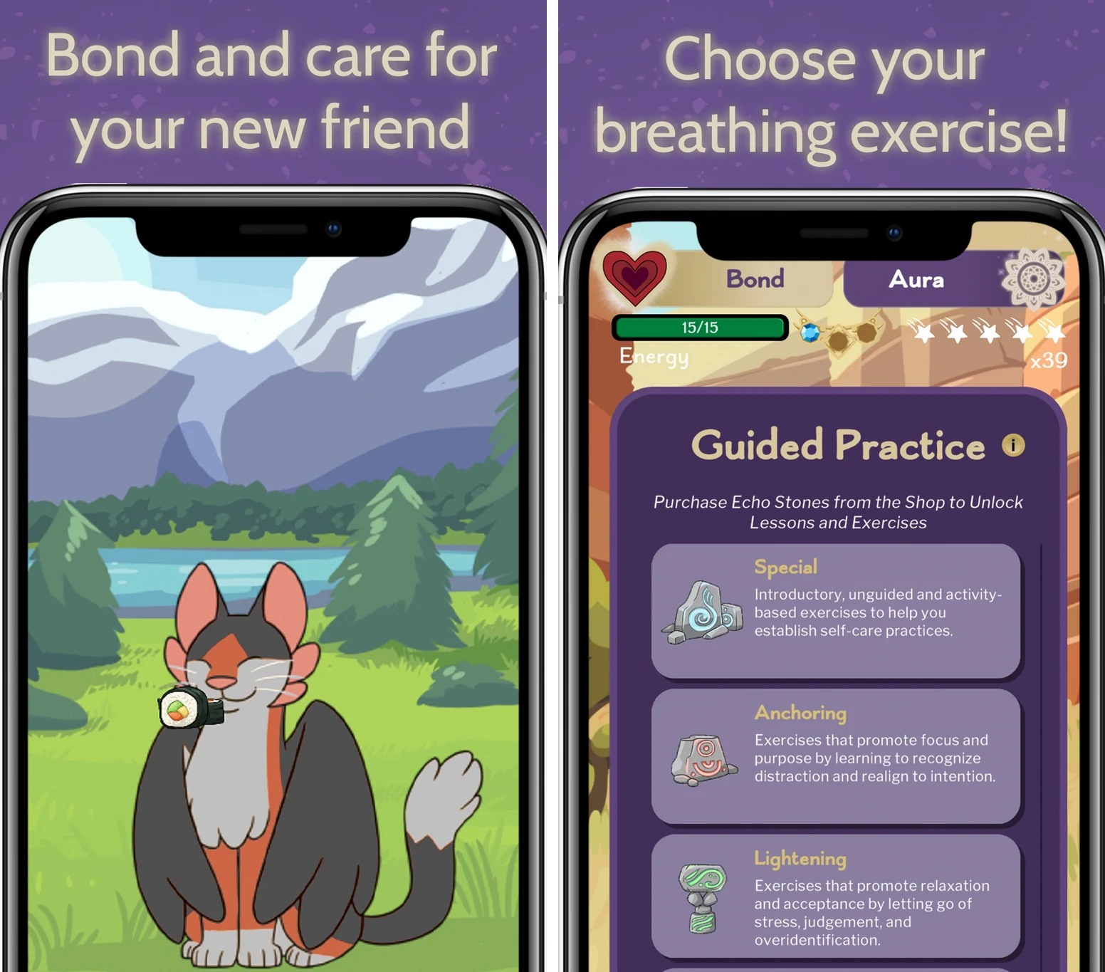 Amaru's official previews show feeding the virtual companion alongside a guided breathing and self-care exercise menu.