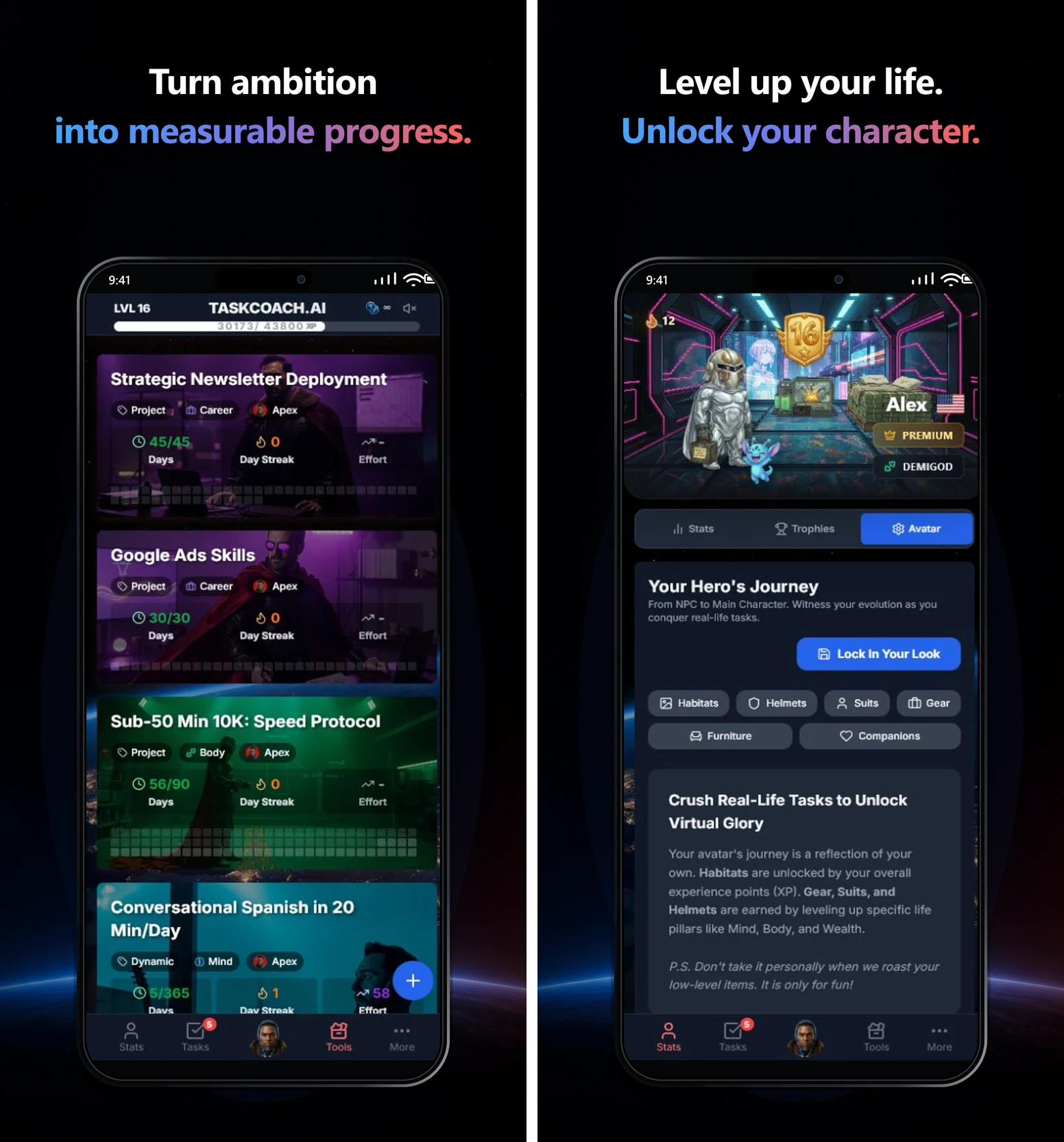 TaskCoach app previews show career, fitness, and learning goals beside a character with companions and equipment progression.