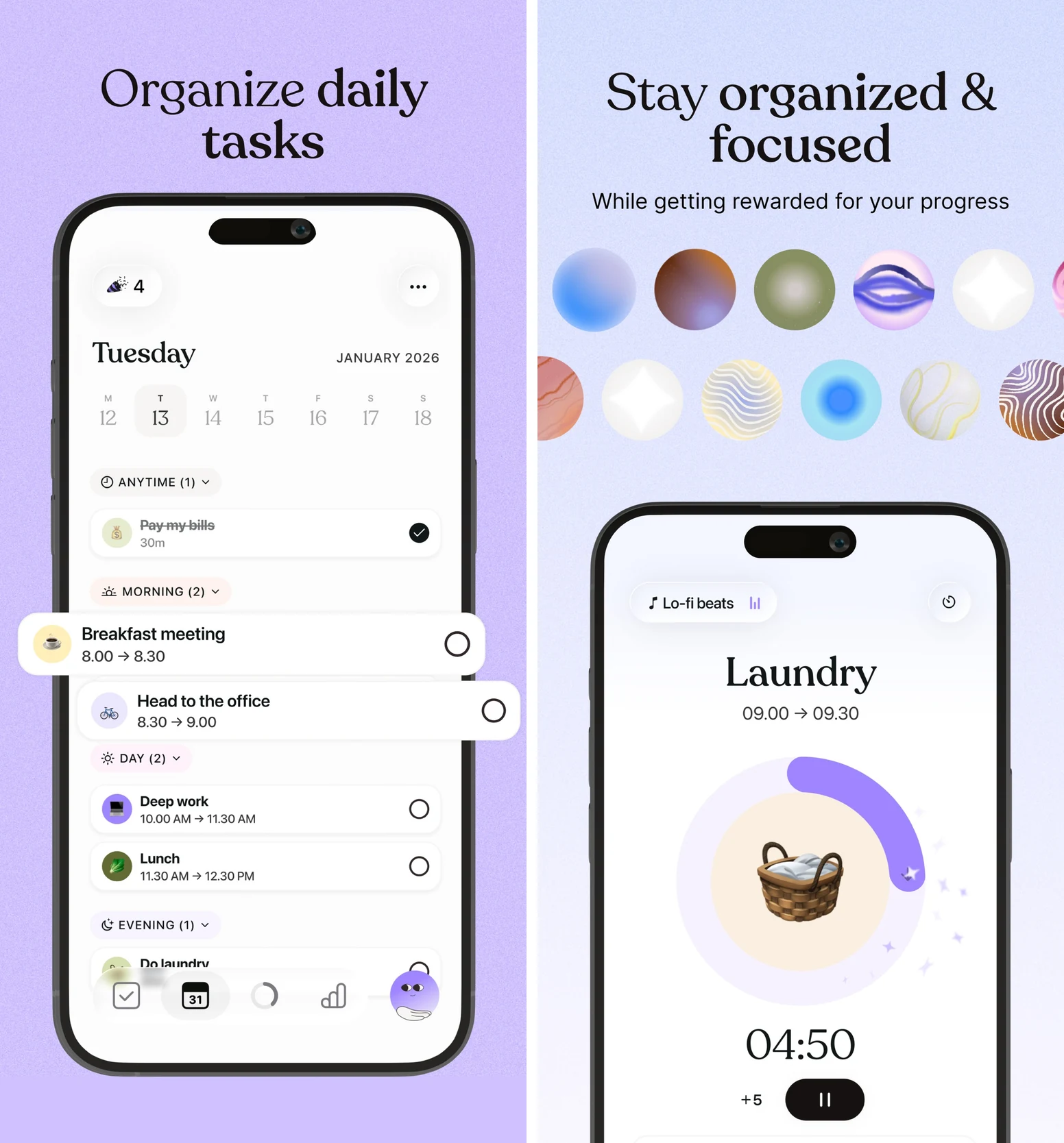Tiimo's official iPhone previews show a visual daily schedule beside a focus timer and collectible progress rewards.