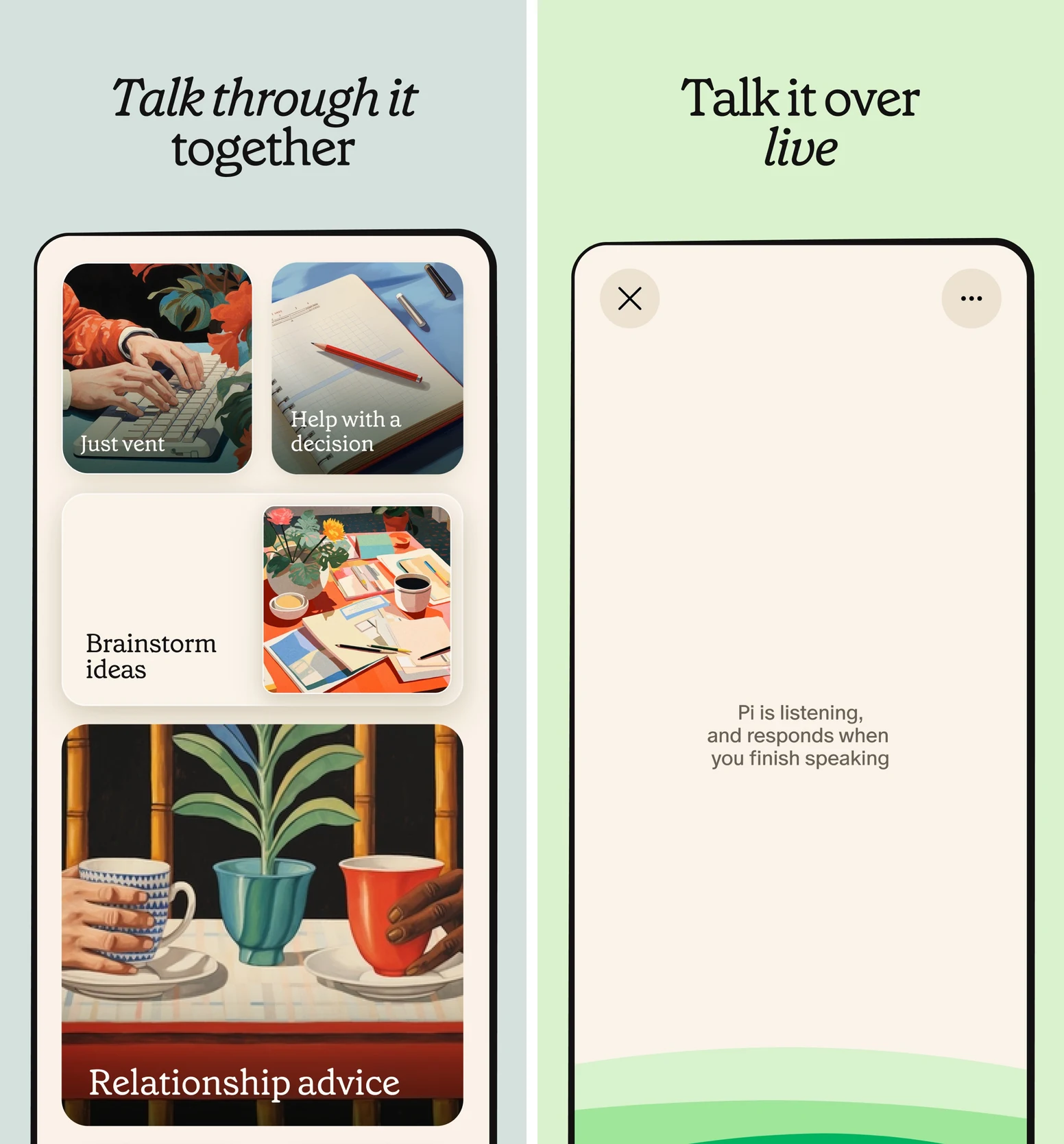 Pi's official app previews show supportive conversation and a voice conversation interface.
