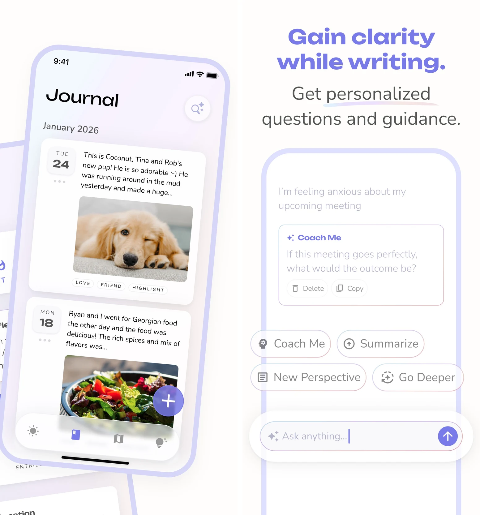 Reflection's publisher previews show a photo journal and an AI follow-up question within an entry.