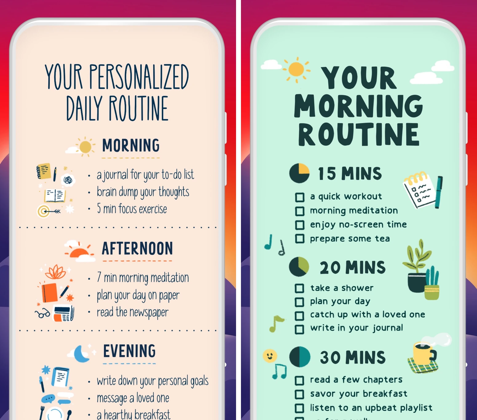 Fabulous's official previews illustrate personalized daily routines and different ways to structure a morning.