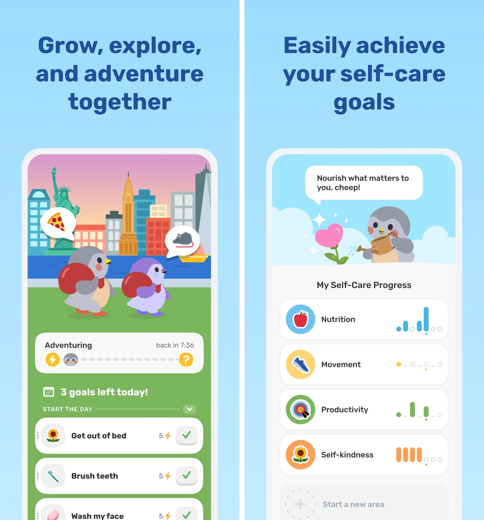 Finch's official previews show its bird companion, small daily goals, and self-care progress.