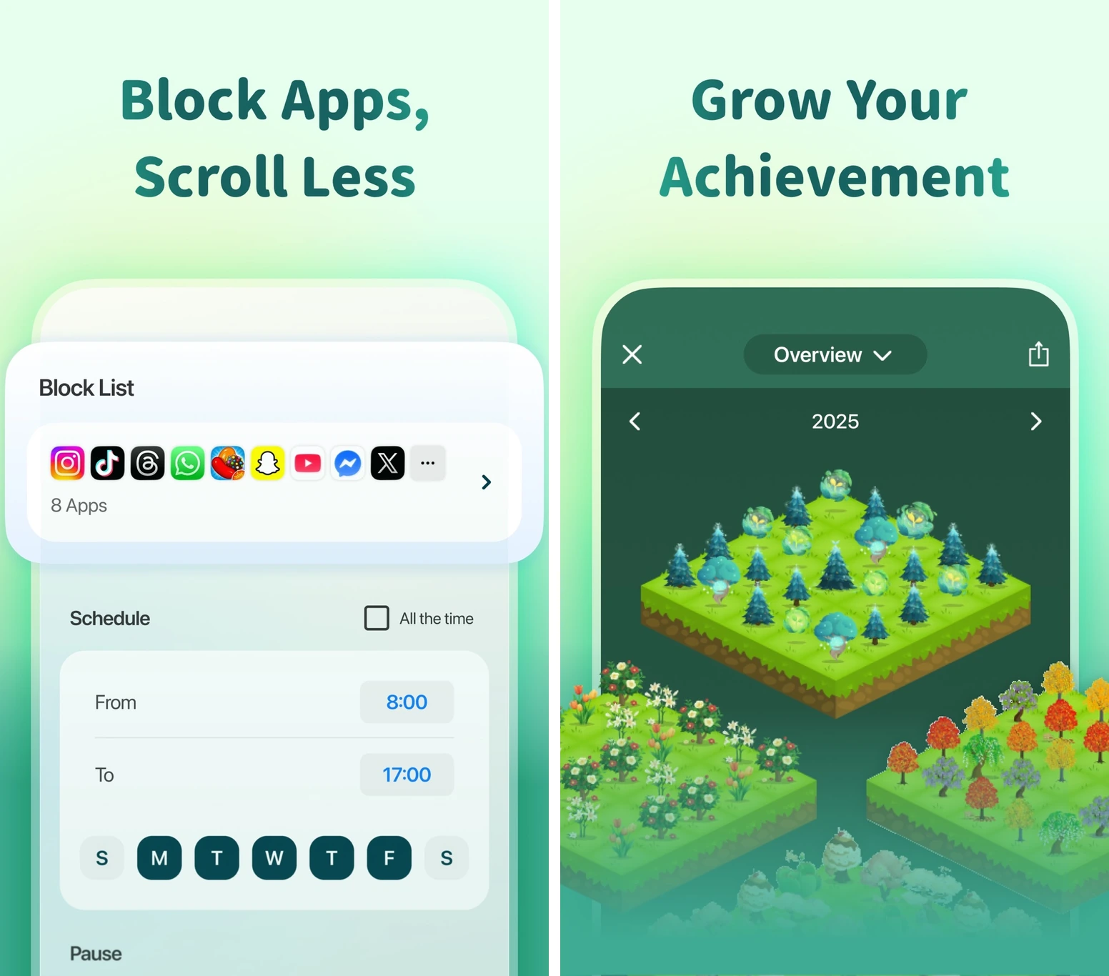 Forest's official previews show scheduled app blocking beside a forest built from completed focus sessions.