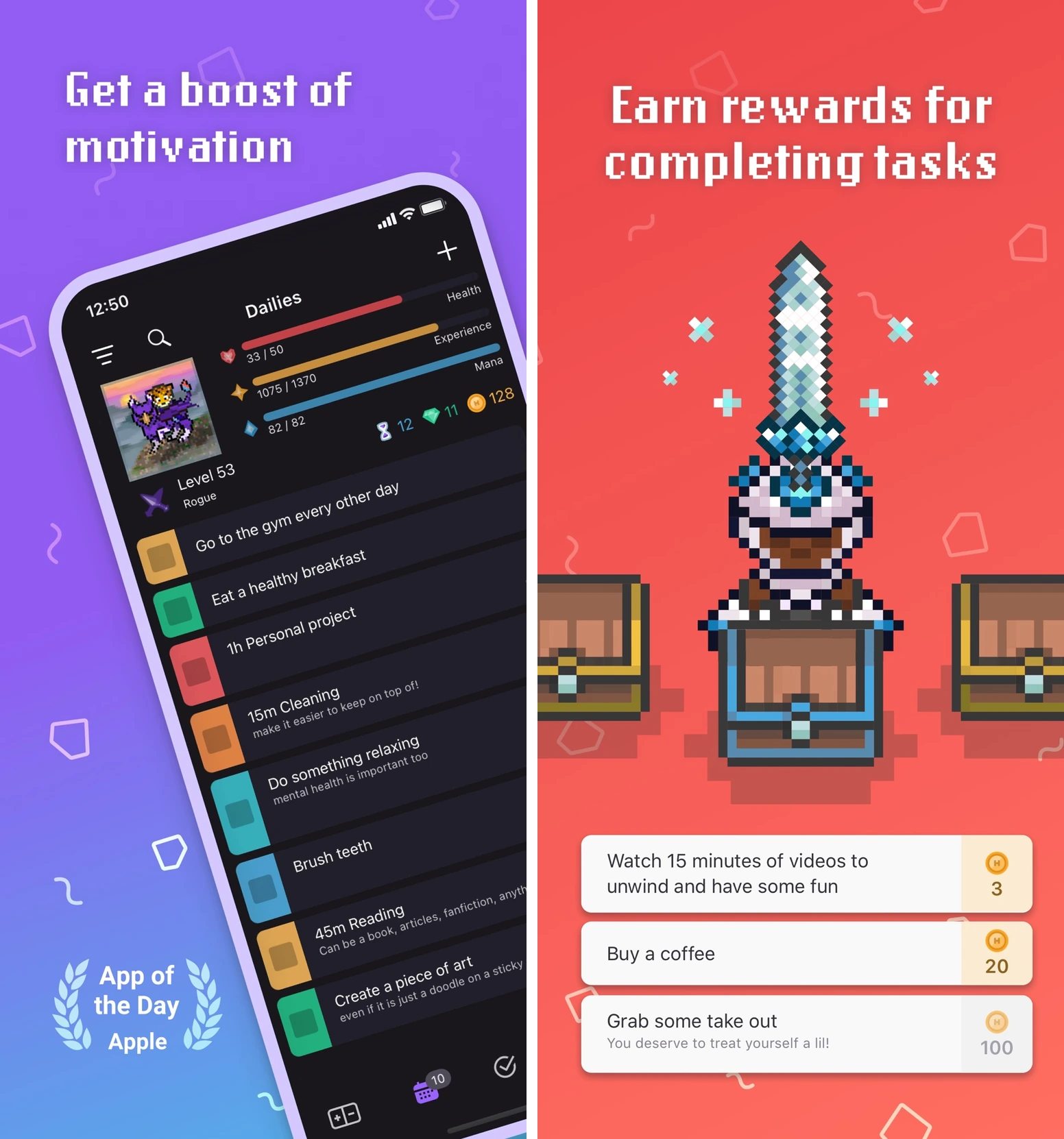 Habitica's official previews show recurring tasks beside an RPG character and customizable rewards.