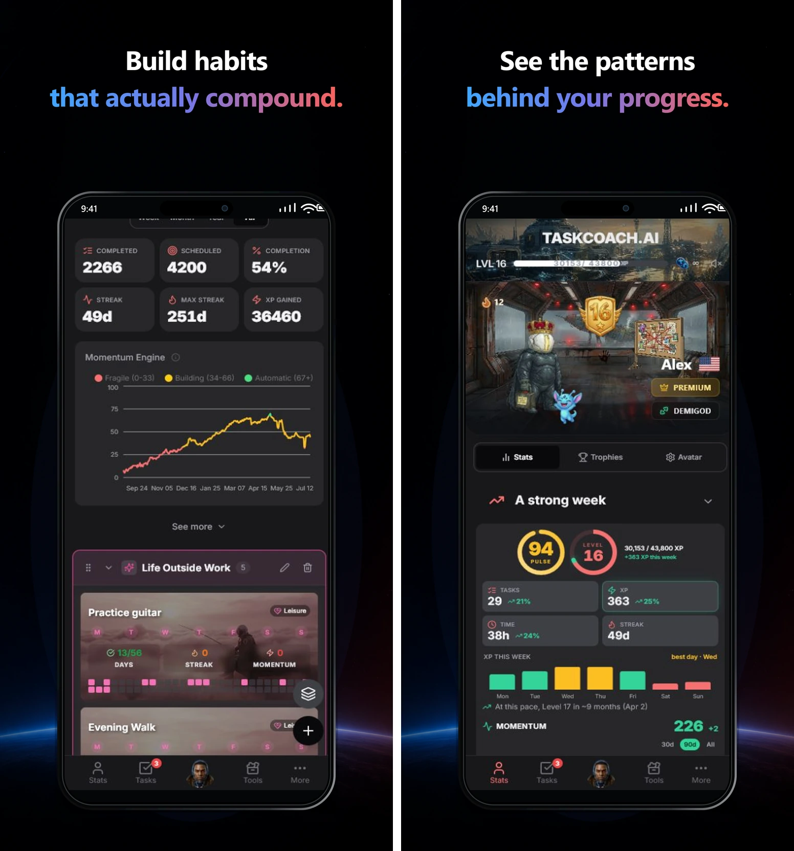 TaskCoach's mobile app previews show habit momentum beside the player dashboard, with avatar progression, XP, levels, and weekly activity.