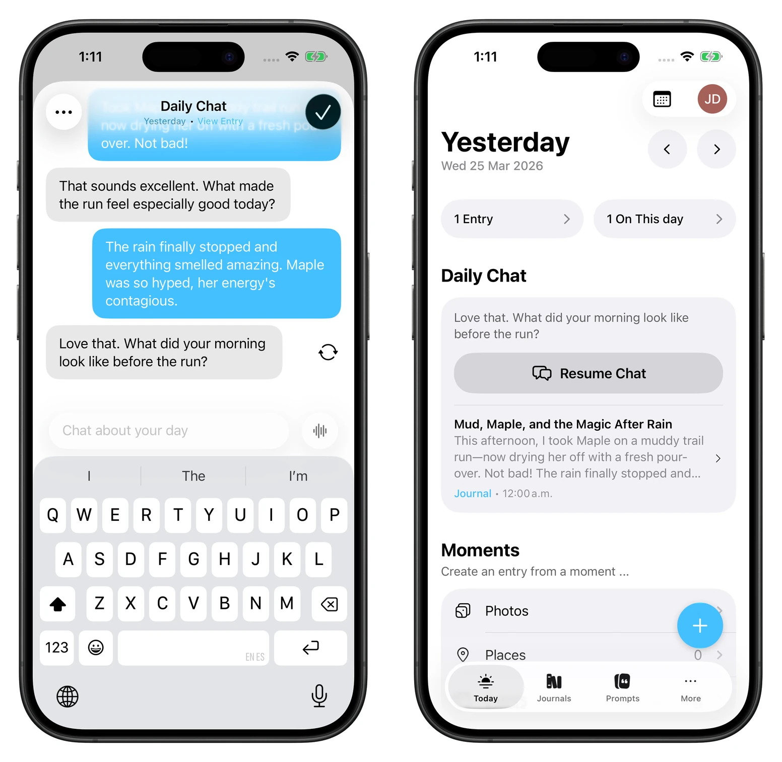 Day One's official Daily Chat screenshots show follow-up questions and the resulting saved entry. Daily Chat requires Gold.