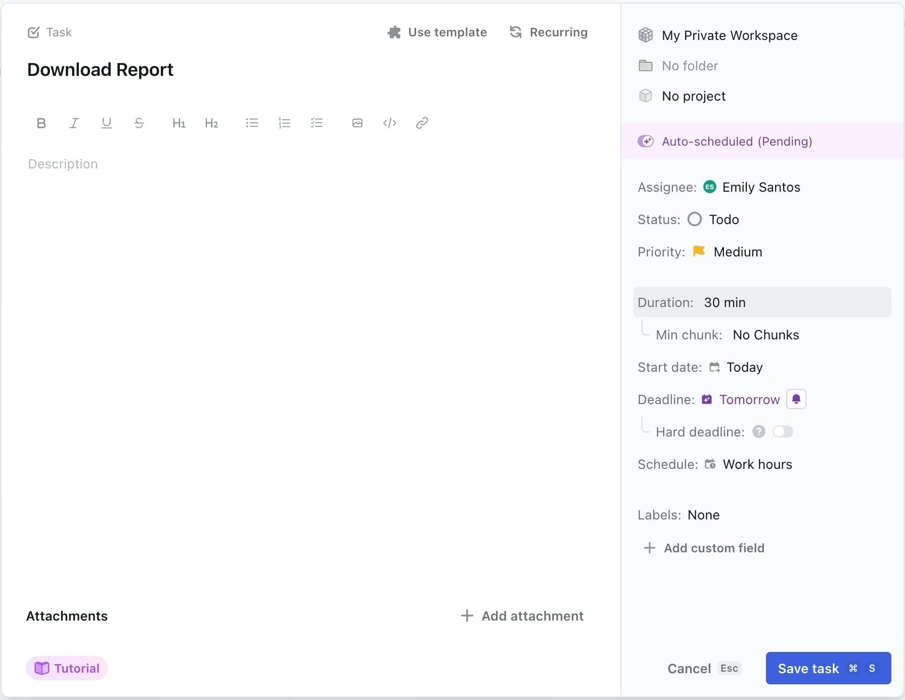 Motion's task editor shows the priority, duration, deadline, and work hours used for automatic scheduling.