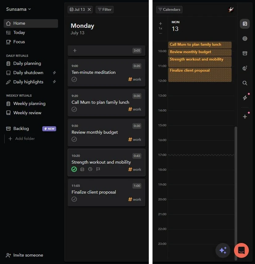 Two crops from the same Sunsama workspace show its Monday task plan and corresponding calendar blocks.