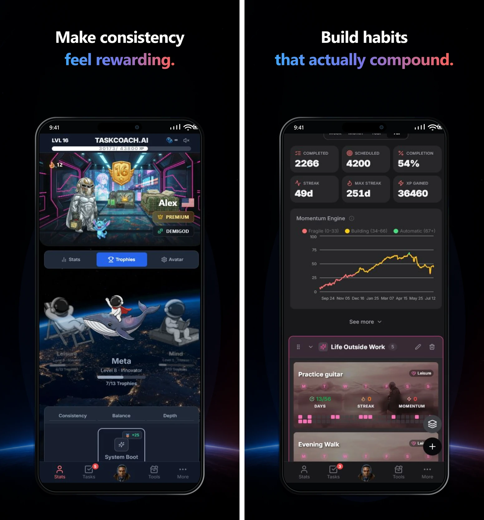 TaskCoach previews show achievement rewards beside habit completion and Momentum.