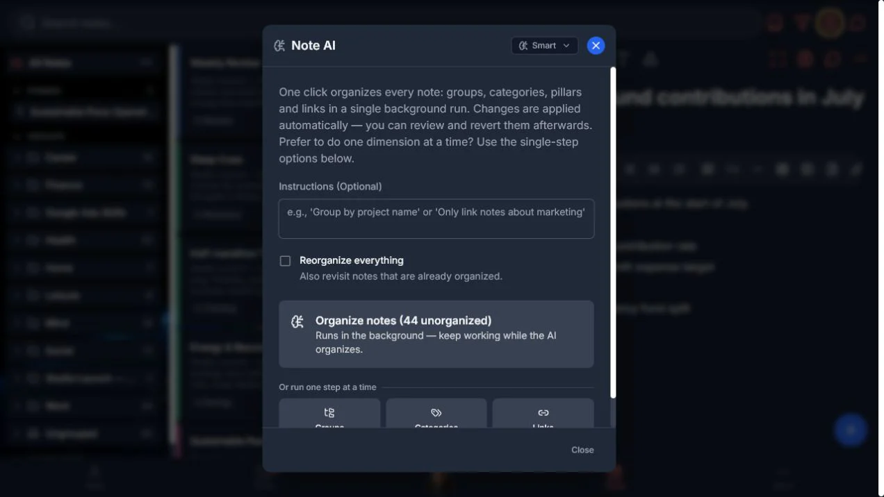 The one-click Note AI organizer